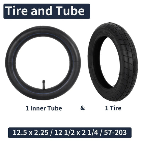 12.5X2.25 Bike Tire And Inner Tube Set 57 203 showing one inner tube and one tire side by side for 12 inch BMX bikes and more