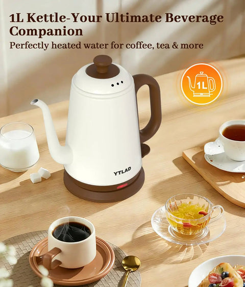 Gooseneck Electric Kettle For Pour Over Coffee And Tea, 1L Capacity, 1000W Fast Boil, 304 Stainless Steel BPA Free, Retro White Design