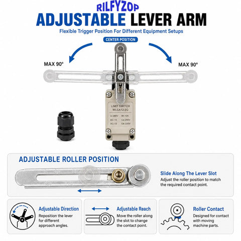 Heavy Lifter Adjustable Roller Lever Limit Switch For Factory Equipment 380V 10A with adjustable lever arm and roller position.