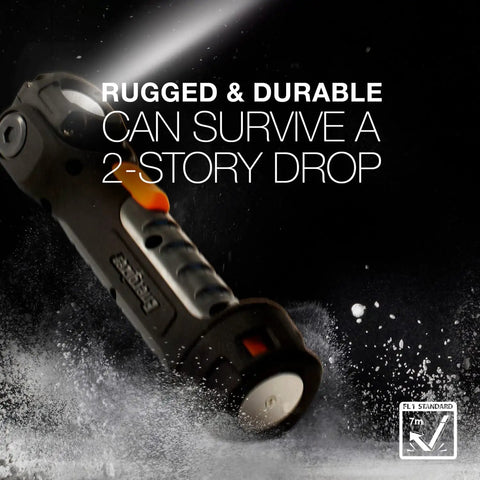 Hardcase Pivot Plus Swivel Head Flashlight With 300 Lumens, 175-Degree Adjustable Beam, shown resisting a two-story drop