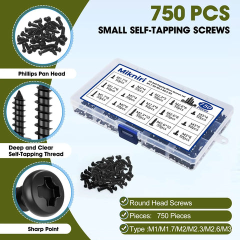 750 Pcs Self Tapping Screws For Plastic And Metal M1.7 To M3 Phillips Pan Head Tiny Black Carbon Steel Micro Electronic Screws Assortment Kit
