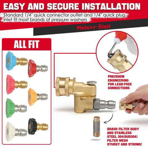 Meteor Blast pivoting pressure washer coupler, 120° angle, 1/4" quick connect, brass body, color adapters.