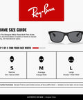 Ray-Ban frame size guide with illustrations for different face widths and unisex dope oversized square sunglasses with black frame and dark grey lenses, UV400 protection, bold logo details, Italian made plastic frames, durable everyday shades for men and women