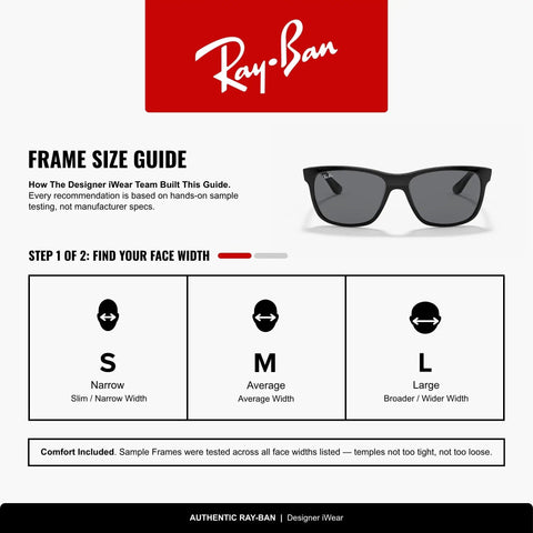 Ray-Ban frame size guide with illustrations for different face widths and unisex dope oversized square sunglasses with black frame and dark grey lenses, UV400 protection, bold logo details, Italian made plastic frames, durable everyday shades for men and women