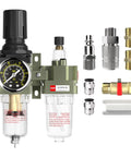 All In One Air Regulator With Gauge And Water Separator Kit For One Quarter Inch NPT Compressors shown with fittings and tape