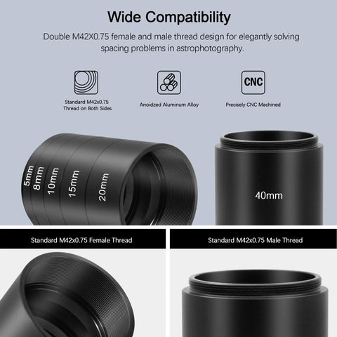 T2 Extension Tube Kit For DSLR And SLR Cameras, M42x0.75 On Both Sides, 5mm to 40mm spacers showcasing anodized aluminum build