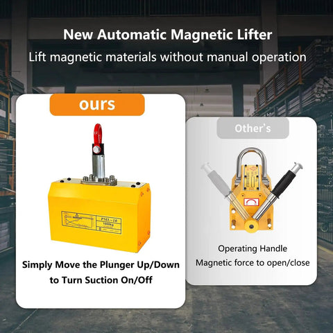 Heavy Duty Permanent Lift Magnet For Steel Plates And Rounds 4400 Lb Capacity Automatic Plunger Design shown in comparison to traditional lifter.