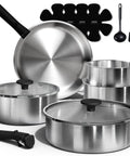 15 Piece Stainless Steel Pots And Pans Set With Detachable Handle Induction Compatible Oven Safe Up To 600 Degrees Non Warping PFAS Free