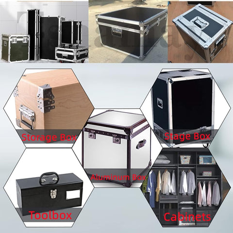 Heavy Duty Two Pack Spring Loaded Folding Handles Drop Straight Into Any Toolbox Or Trunk 4 Inch Stainless Steel Chest Pulls in various storage boxes.