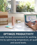Indoor Air Quality Monitor With CO2 Sensor, Temperature, Humidity And Noise Levels, Real Time Alerts on desk next to laptop