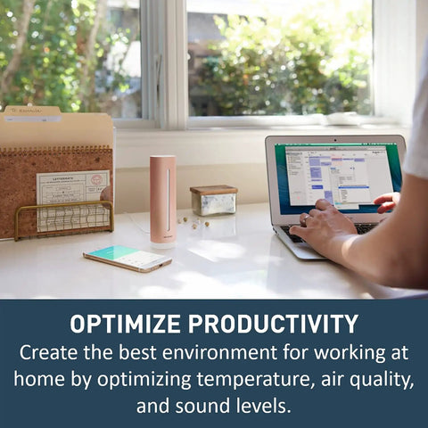 Indoor Air Quality Monitor With CO2 Sensor, Temperature, Humidity And Noise Levels, Real Time Alerts on desk next to laptop