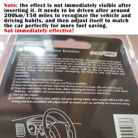 Packaging of Fuel Saver Chip For Gasoline Cars Eco Tuning Box with instructions and warnings visible