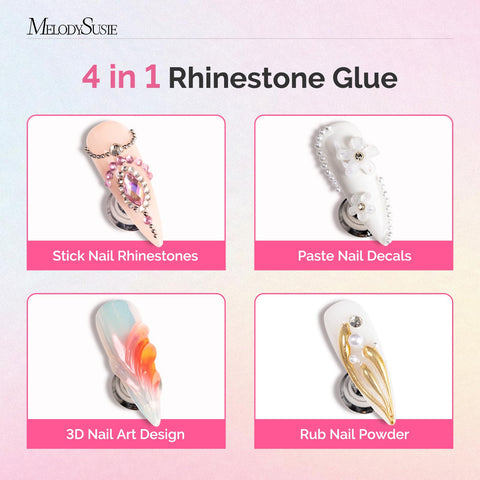 Image showing 4 nail designs using Two Pack Rhinestone Glue For Nails Ultra Strong 3D Gel Nail Art Adhesive For Nail Charms Gems Jewelry Decoration Do It Yourself Manicure At Home Cure Under LED UV Light Perfect Gift For Women.