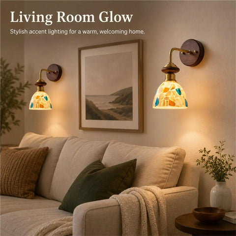 BZXNC Indoor Wall Sconce Lamp, Vintage 12.20" Copper, Compact Structure in a living room setting, highlighting its handmade glass shade.