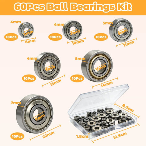 60 Piece Ball Bearings Kit Including 693ZZ 623ZZ 624ZZ 685ZZ 687ZZ 627ZZ Six Sizes With Double Metal Sealed Shielded Carbon Steel Deep Groove Bearings And Pro Grade Handy Storage Box For Your Motor Projects, assorted bearings in storage case