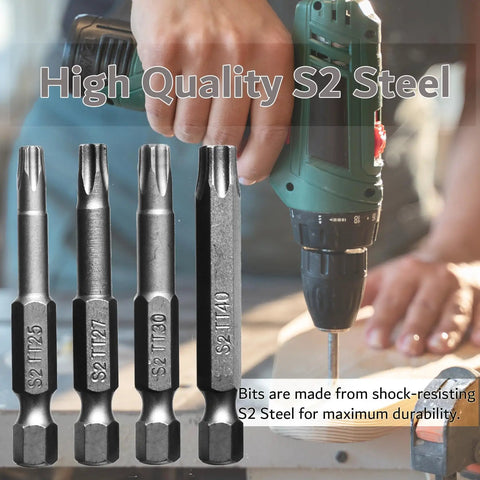 Eight Piece Torx Star Security Screwdriver Bits Set Magnetic Tamper Proof T8 T10 T15 T20 T25 T27 T30 T40 with S2 steel bits.