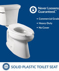 Two Pack Commercial Open Front Plastic Toilet Seat With Heavy Duty Industrial Design Elongated White Seats Secure StayTite Installation Non Slip Stainless Steel Hardware No Lid Made In USA For Long Lasting Use, shown on toilet