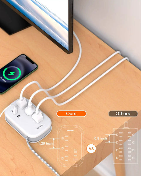 Ultra Flat Power Strip With 3 Outlets And 3 USB Ports Including 2 USB C, 3.2ft Wrapped Extension Cord on a wooden desk setup