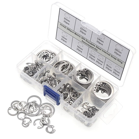 Internal Snap Ring Set 200 Pcs Stainless Steel 304 Metric Circlip Assortment Kit With 10 Sizes in organizer box