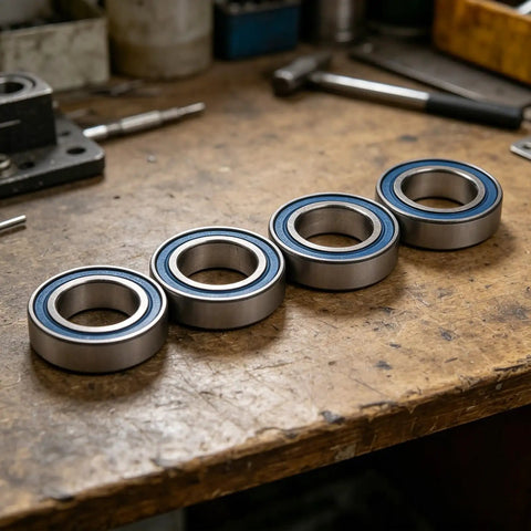 High Precision 15x26x7mm Double Sealed Ball Bearing on workbench, chrome steel, suitable for inline skates and scooters.