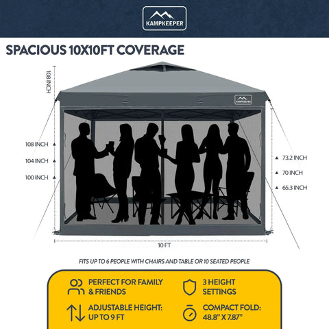 Diagram showing 10x10 Pop Up Canopy Tent With Screen Walls, waterproof portable shade for camping and events, dark grey.
