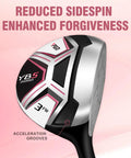 Close-up of Women's 12 Piece Golf Club Set 3-Fairway Wood showcasing grooves, with text on sidespin reduction and forgiveness.