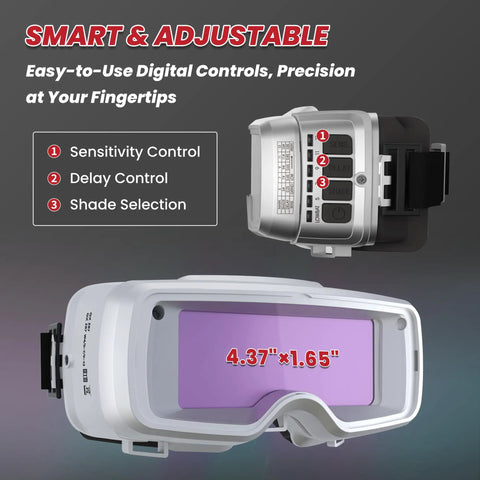 Auto Darkening Welding Goggles With True Color Vision Adjustable Shade 4/5-9/9-13 displayed showing digital controls and size