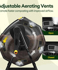 Outdoor Dual Chamber 53 Gallon Compost Tumbler With 360 Degree Spin, showing adjustable air vents on solid steel frame