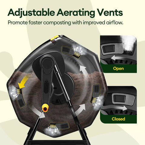 Outdoor Dual Chamber 53 Gallon Compost Tumbler With 360 Degree Spin, showing adjustable air vents on solid steel frame