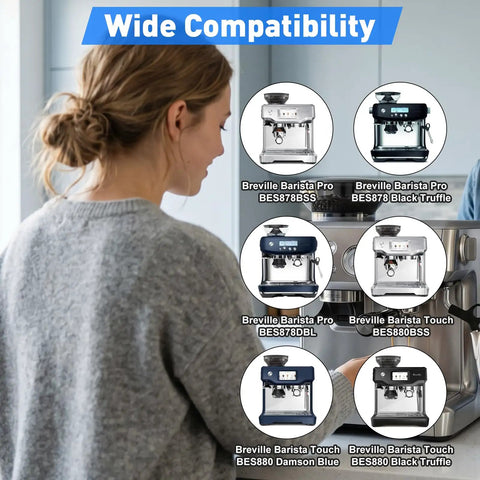 Top Notch 6 Pack Water Filter Replacement For Breville Espresso Machine Barista Touch Oracle Pro Double Boiler Systems Easy Twist Install displayed beside compatible machines.