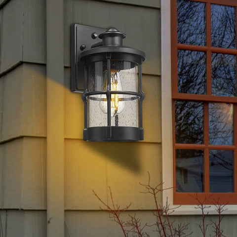 Outdoor Wall Sconces Dusk To Dawn Black Finish Seeded Glass Exterior Wall Mount Lighting 2 Pack Weatherproof Wall Light Fixture DIY Friendly Easy To Install For Entryway Porch Patio And Balcony mounted on house exterior