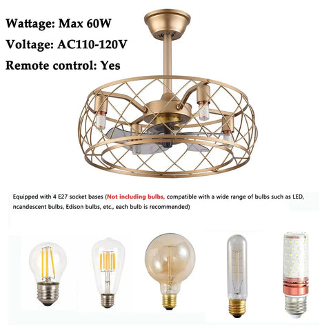 Dope Industrial 20 Inch Ceiling Fan With Light And Remote, Gold Cage Fixture, E27 Bulb Base, for Modern Farmhouse style