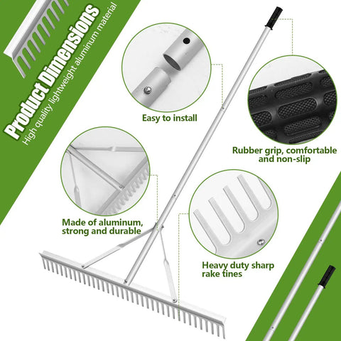 Aluminum Maintenance Rake With Adjustable 66 To 98 Inch Handle, showing rake details like handle grip and sharp tines.