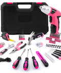 Pink 3.6V Cordless Screwdriver Set With 151 Piece Home Tool Kit Magnetic Bits LED Light USB C Fast Charging Lightweight Ergonomic Grip For Women DIY Projects, including tools and case displayed