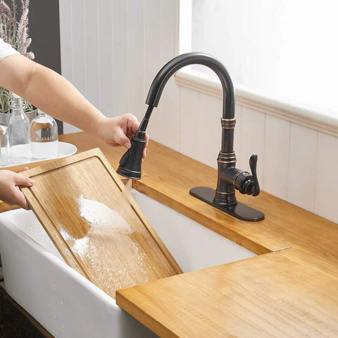 Oil Rubbed Bronze Kitchen Faucet With High Arc Gooseneck Pull Down Sprayer 3 Function Spray Head Single Handle Heavy Duty
