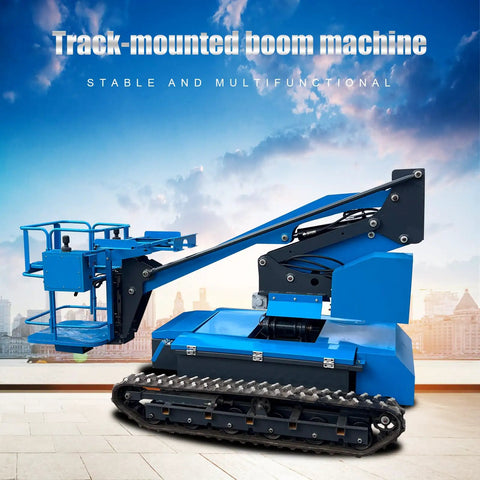 Compact Crawler Workhorse Offering Eighteen Foot Reach And Solid 660 Pound Capacity Self Propelled Rubber Tracked Frame designed for no sweat navigation on uneven surfaces during heavy duty construction projects indoors or outdoors. Track-mounted boom machine with a blue frame and rubber tracks for stability.