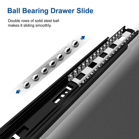Close-up of 22 Inch Soft Close Drawer Slide with Heavy Duty 100lb Load Rating, Ball Bearing, Side Mount, Black Finish, showing balls.