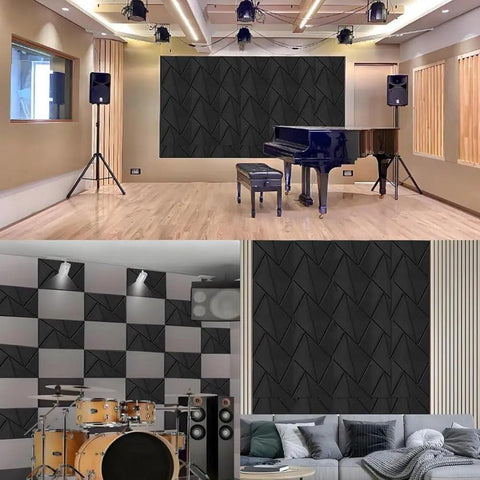 Heavy Duty Self Adhesive Soundproof Foam Panels used in a stylish music studio setup with wooden floors and soft lighting.