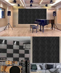 Eight Pack Peel And Stick Acoustic Foam Panels High Density Polyester soundproof wall tiles in studio setting with piano.