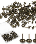 Knockout Bronze Upholstery Tacks For Couch Repairs And DIY Crafts showing 100 count 11x16mm thumb pins in a clear storage tub.