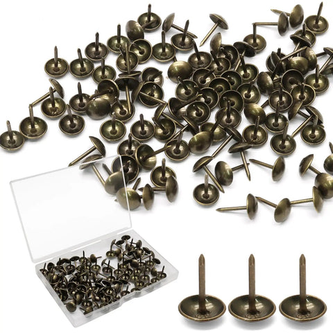 Knockout Bronze Upholstery Tacks For Couch Repairs And DIY Crafts showing 100 count 11x16mm thumb pins in a clear storage tub.