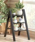 3 Step Aluminum Folding Ladder With Wide Anti Slip Pedals Lightweight Portable Stepladder For Home And Kitchen Space Saving Design Heavy Duty 330 Lb Capacity Black used as plant stand