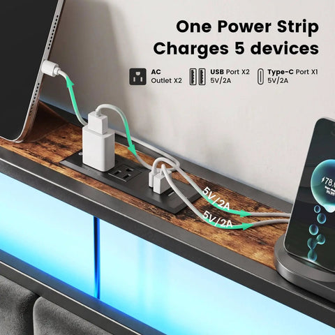 Sturdy King Size Platform Bed Frame With Handy Storage Headboard And Three Silent Glide Roll Away Drawers with built-in power strip for charging devices.