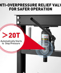 Diagram showing anti-overpressure valve on Beefy 20 Ton Hydraulic Shop Press With H Frame For Garage Floors Adjustable Plates