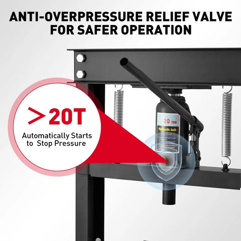 Diagram showing anti-overpressure valve on Beefy 20 Ton Hydraulic Shop Press With H Frame For Garage Floors Adjustable Plates