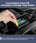 Hand using fuse puller on automotive fuses in engine compartment of a vehicle, part of the 300 Piece Automotive Fuse Assortment Kit Including Standard Mini And Low Profile Types Covering 2A To 40A Brings You Hella Fast Color Code Sorting Plus Knockout Quality For Trucks Boats And Everyday Rides On The Open Road.