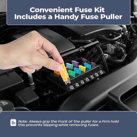 Hand using fuse puller on automotive fuses in engine compartment of a vehicle, part of the 300 Piece Automotive Fuse Assortment Kit Including Standard Mini And Low Profile Types Covering 2A To 40A Brings You Hella Fast Color Code Sorting Plus Knockout Quality For Trucks Boats And Everyday Rides On The Open Road.