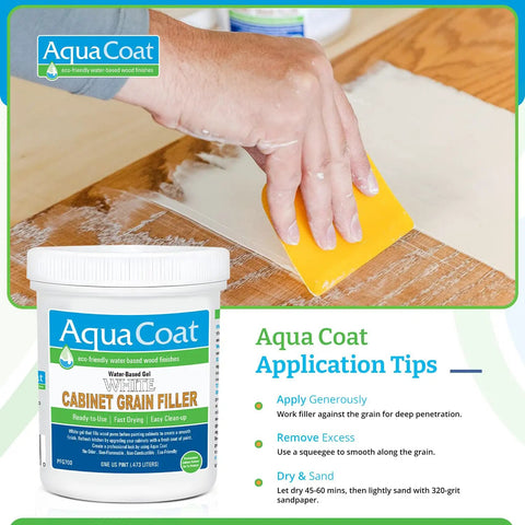 Heavy Duty Water Based White Wood Grain Filler Gel For Cabinets application with squeegee smoothing on wood surface.