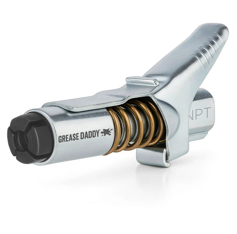 Locking Grease Gun Coupler That Stays On Tight For Zerk Fittings No Leaks Or Slip Off Easy Release Under Pressure Handles Up To Ten Thousand PSI One Eighth Inch NPT Fits All Grease Guns Steel Jaws Rebuild Kit Included showing side view
