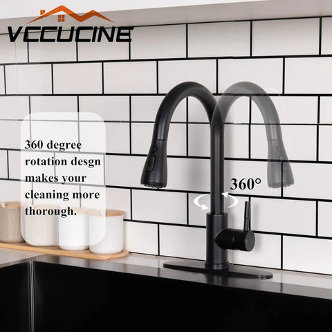 Stainless Steel Kitchen Faucet With Pull Down Sprayer, Farmhouse Brushed Nickel Finish, 360-degree rotation on white tiled wall